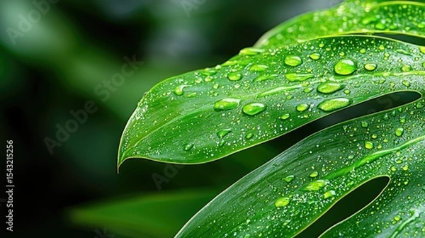 Fototapeta Serene Green Leaf with Dew Drops: Nature's Tranquility