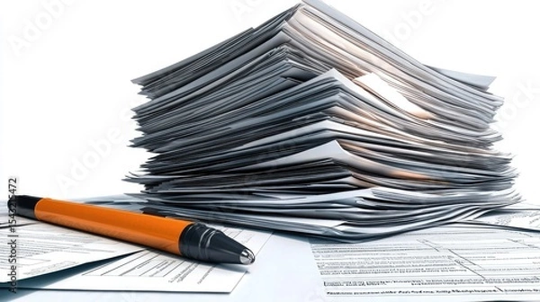 Fototapeta A large stack of papers and an orange pen, a visual representation of paperwork and bureaucracy.