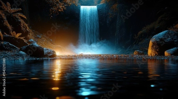 Fototapeta Nightfall Waterfall Serenity: A Breathtaking Cascade Reflecting in Still Waters