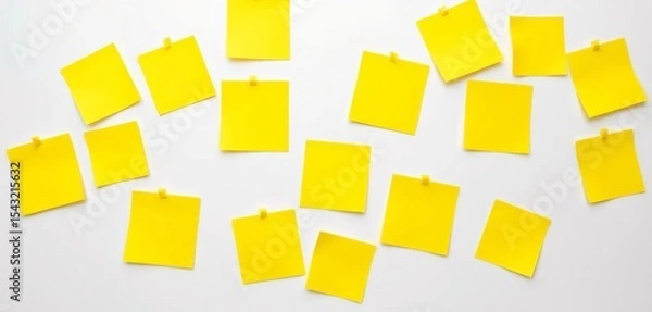 Fototapeta Several bright yellow sticky notes arranged on a pure white background,  macro,  vibrant