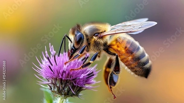 Fototapeta Honeybee on Purple Thistle: A Close-Up Macro Photography
