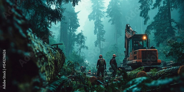Obraz Brutal logging activity in a dense jungle forest with heavy machinery and lumberjacks