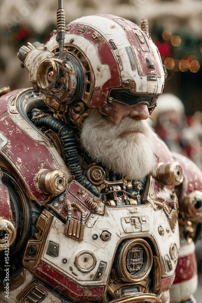 Obraz Robot Santa Claus stands proudly near a quantum fir adorned with festive decorations and toys