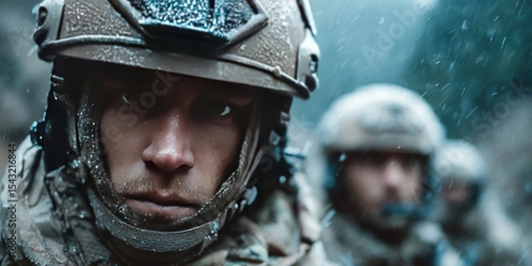 Obraz Special forces soldiers training in adverse weather conditions with weapons and camouflage