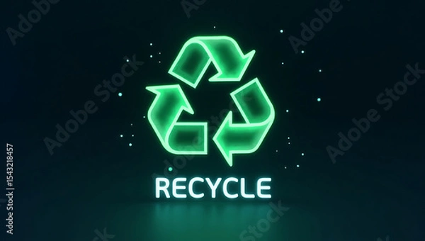 Fototapeta Glowing Green Recycle Symbol on Dark Background.