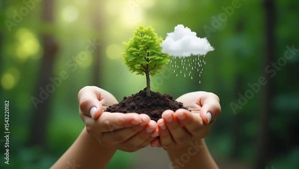 Fototapeta Nurturing Growth: Hands Holding a Plant with a Rain Cloud in a Lush Forest.