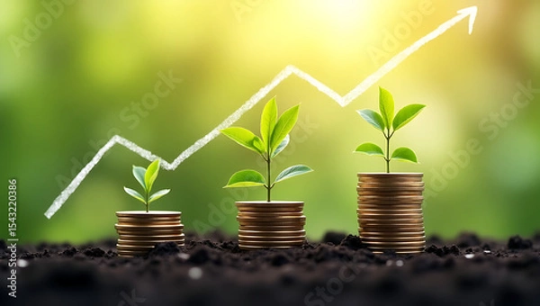 Fototapeta Growth of Green Plants on Stacked Coins with Financial Chart.