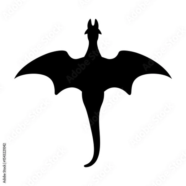 Fototapeta Monochromatic silhouette of a dragon with large wings on a white background