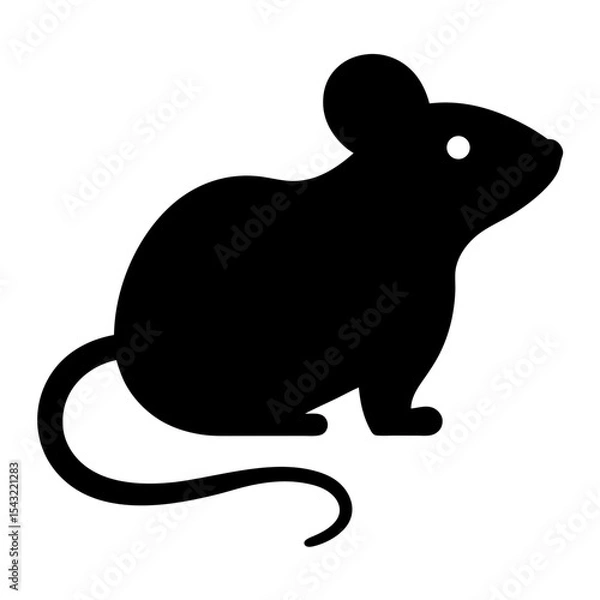 Fototapeta Black Silhouette of a Mouse with a Curly Tail on White Background