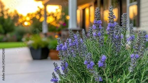 Fototapeta Lavender blooms in a garden setting.  Blush sunset light on patio