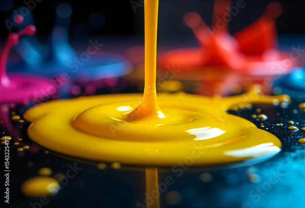 Fototapeta Vibrant Yellow Paint Pouring with Colorful Splashes