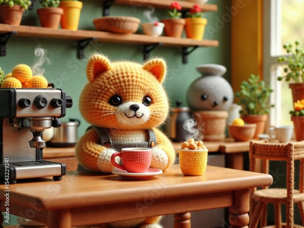 Fototapeta Hyper-realistic cat barista making coffee in a cozy café, while animal couples wait lovingly at tables.

