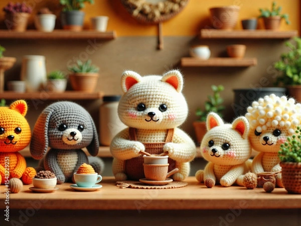 Fototapeta Hyper-realistic cat barista making coffee in a cozy café, while animal couples wait lovingly at tables.


