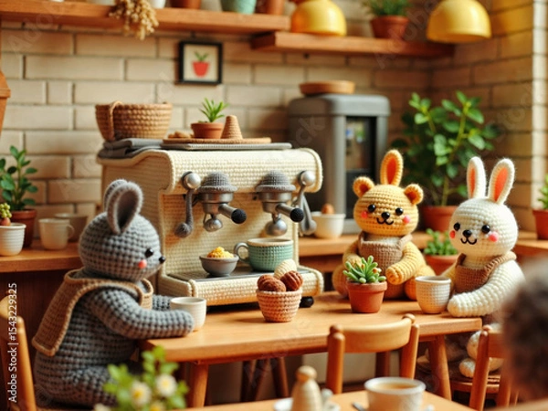 Fototapeta Hyper-realistic cat barista making coffee in a cozy café, while animal couples wait lovingly at tables.

