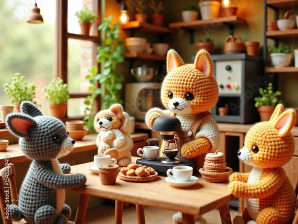 Fototapeta Hyper-realistic cat barista making coffee in a cozy café, while animal couples wait lovingly at tables.


