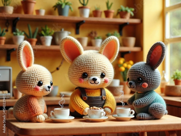 Fototapeta Hyper-realistic cat barista making coffee in a cozy café, while animal couples wait lovingly at tables.

