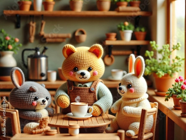 Fototapeta Hyper-realistic cat barista making coffee in a cozy café, while animal couples wait lovingly at tables.

