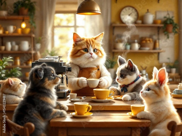 Fototapeta Hyper-realistic cat barista making coffee in a cozy café, while animal couples wait lovingly at tables.

