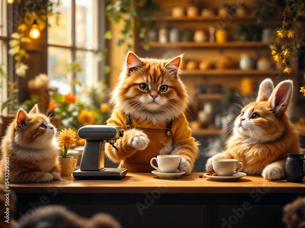 Fototapeta Hyper-realistic cat barista making coffee in a cozy café, while animal couples wait lovingly at tables.

