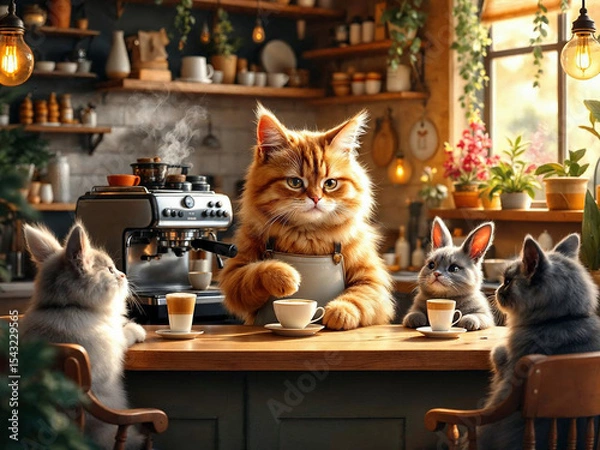 Fototapeta Hyper-realistic cat barista making coffee in a cozy café, while animal couples wait lovingly at tables.

