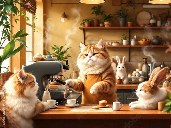 Fototapeta Hyper-realistic cat barista making coffee in a cozy café, while animal couples wait lovingly at tables.

