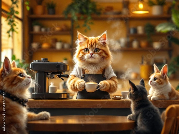 Fototapeta Hyper-realistic cat barista making coffee in a cozy café, while animal couples wait lovingly at tables.

