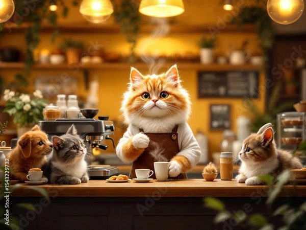 Fototapeta Hyper-realistic cat barista making coffee in a cozy café, while animal couples wait lovingly at tables.

