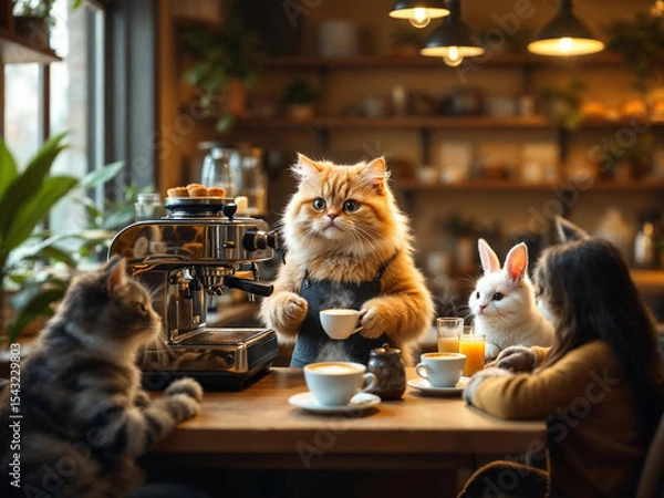 Fototapeta Hyper-realistic cat barista making coffee in a cozy café, while animal couples wait lovingly at tables.

