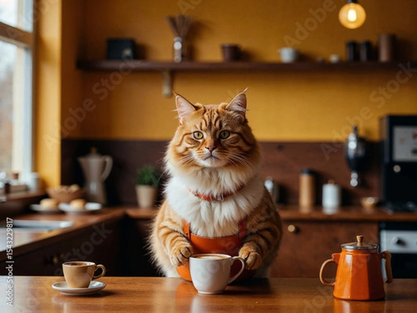 Fototapeta Hyper-realistic cat barista making coffee in a cozy café, while animal couples wait lovingly at tables.

