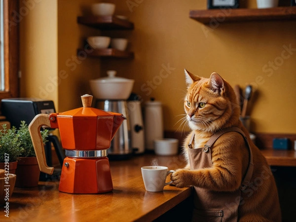 Fototapeta Hyper-realistic cat barista making coffee in a cozy café, while animal couples wait lovingly at tables.

