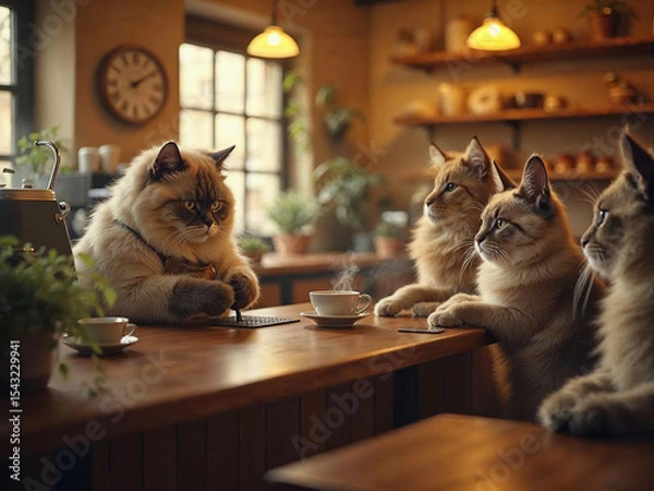 Fototapeta Hyper-realistic cat barista making coffee in a cozy café, while animal couples wait lovingly at tables.


