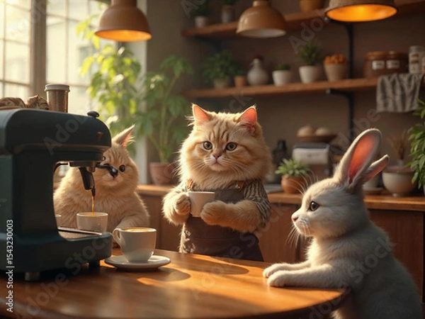 Fototapeta Hyper-realistic cat barista making coffee in a cozy café, while animal couples wait lovingly at tables.

