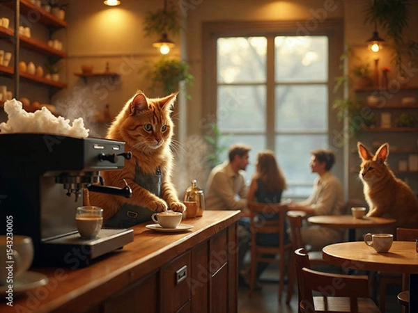 Fototapeta Hyper-realistic cat barista making coffee in a cozy café, while animal couples wait lovingly at tables.

