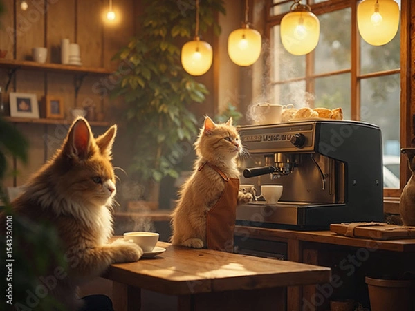 Fototapeta Hyper-realistic cat barista making coffee in a cozy café, while animal couples wait lovingly at tables.

