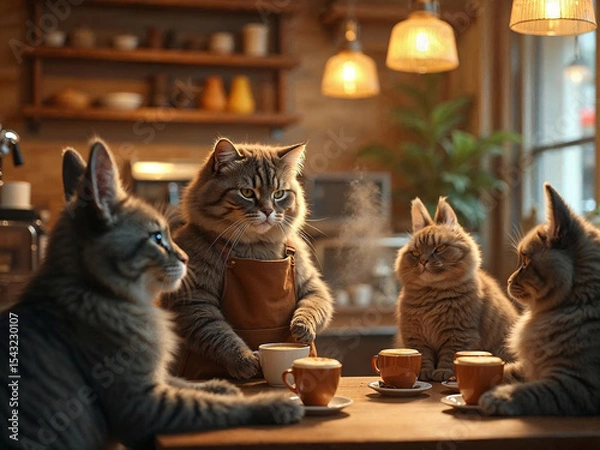 Fototapeta Hyper-realistic cat barista making coffee in a cozy café, while animal couples wait lovingly at tables.

