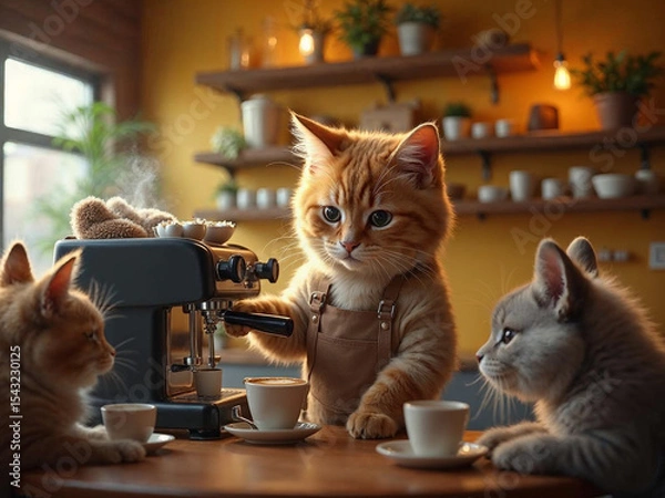 Fototapeta Hyper-realistic cat barista making coffee in a cozy café, while animal couples wait lovingly at tables.


