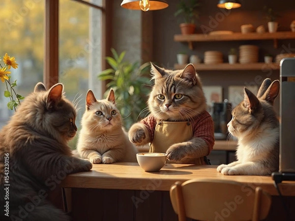 Fototapeta Hyper-realistic cat barista making coffee in a cozy café, while animal couples wait lovingly at tables.

