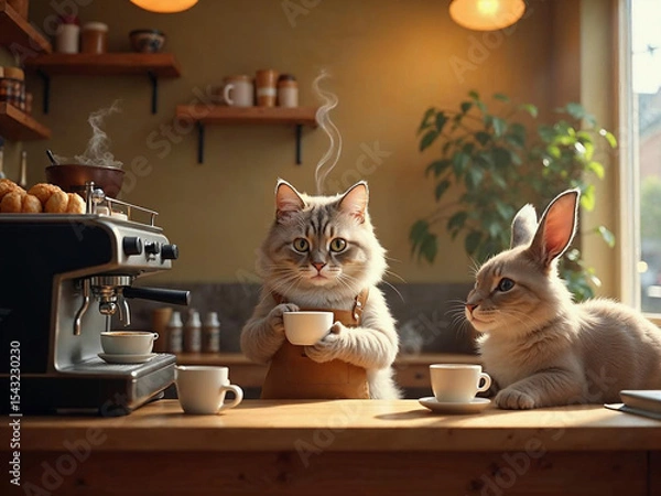 Fototapeta Hyper-realistic cat barista making coffee in a cozy café, while animal couples wait lovingly at tables.

