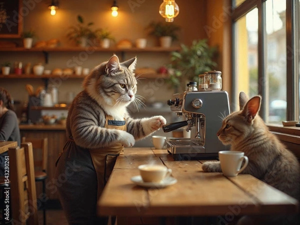 Fototapeta Hyper-realistic cat barista making coffee in a cozy café, while animal couples wait lovingly at tables.

