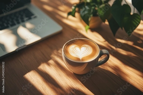 Fototapeta A cup of coffee with latte art in the shape of a heart on a wooden desk, with a plant and laptop in the background. Closeup shot, minimalist style, warm color tone, top-down 