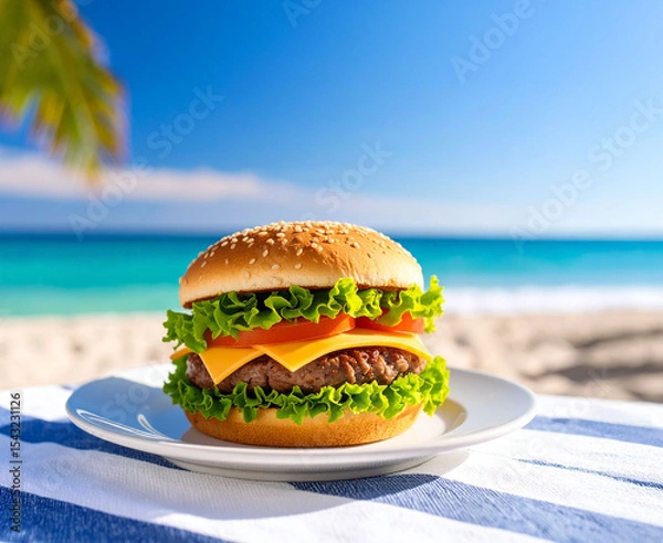 Obraz délicieux hamburgers à déguster sur la plage
