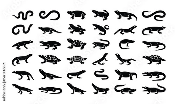 Fototapeta Reptiles assortment features snake, turtle, lizard, and alligator silhouettes creating a diverse animal graphic icon collection for designs.