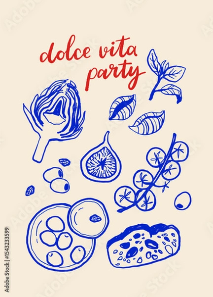 Fototapeta La dolce vita vintage posters. Italian Summer Line Art Vector Set with Pasta, Mozzarella, Coffee, Seafood and Herbs. Vector illustration ink doodle sketch style.