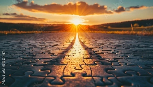 Fototapeta An empty puzzle piece lies on the ground, forming an open road leading towards a bright light at sunset. The sky is clear and blue with a few clouds in view. 