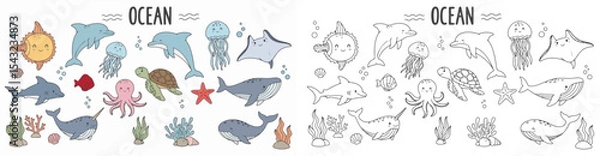 Fototapeta Cute Hand Drawn Ocean Animal Vector Set with Dolphin Whale Turtle Octopus Jellyfish Shark and Coral Elements Isolated on White Background for Kids and Educational Designs

