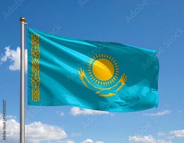 Obraz Waving Flag of Kazakhstan Against a Blue Sky