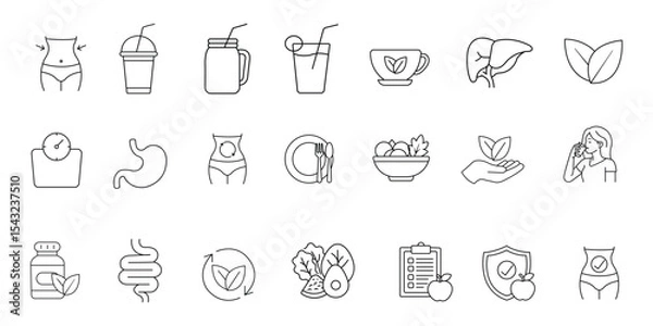 Fototapeta Detox and cleanse related outline icons set on white background flat vector illustration. 