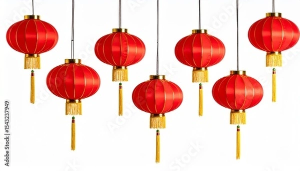 Fototapeta "Chinese lanterns in bright red and gold, hanging against a white background."

