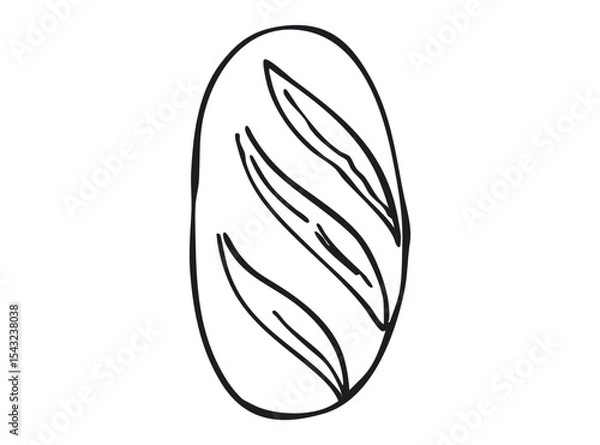 Obraz Rustic sourdough bread loaf with diagonal cuts. Black and white outline illustration isolated on white background. Artisan bakery product. Homemade food and cooking concept for design and print