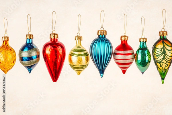Obraz Festive assortment of colorful Christmas ornaments, captured with vibrant detail and a touch of holiday cheer.